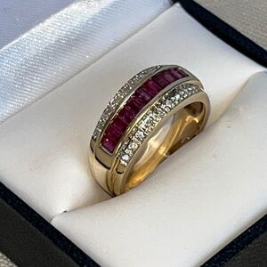 14k gold (5.2g) ruby baguettes & diamond ring, size 7 3/4, with appraisal